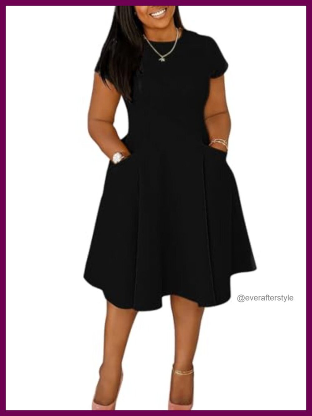 Plus Size Short Sleeve Midi Dress Crew Neck Flowy Ruffle Hem with Pockets
